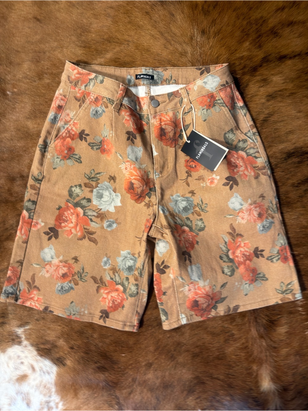 Flamingals Floral Print High-Waist Skirt in Camel Floral size large NWT